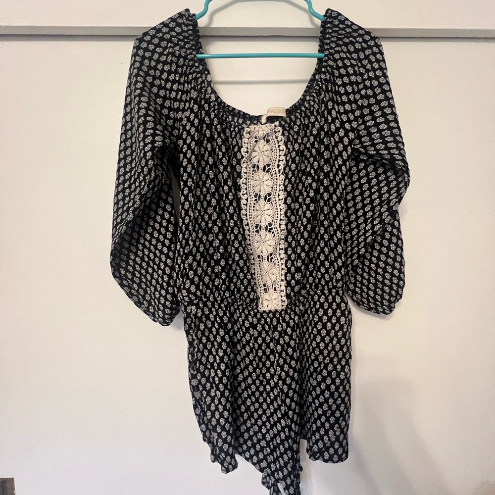 Everleigh Black and White Buttoned Romper with Bishop Sleeves